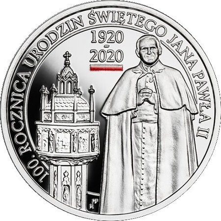 Rewers monety 10-złotowej z 2020 roku z Polski temacie Jana Pawła II